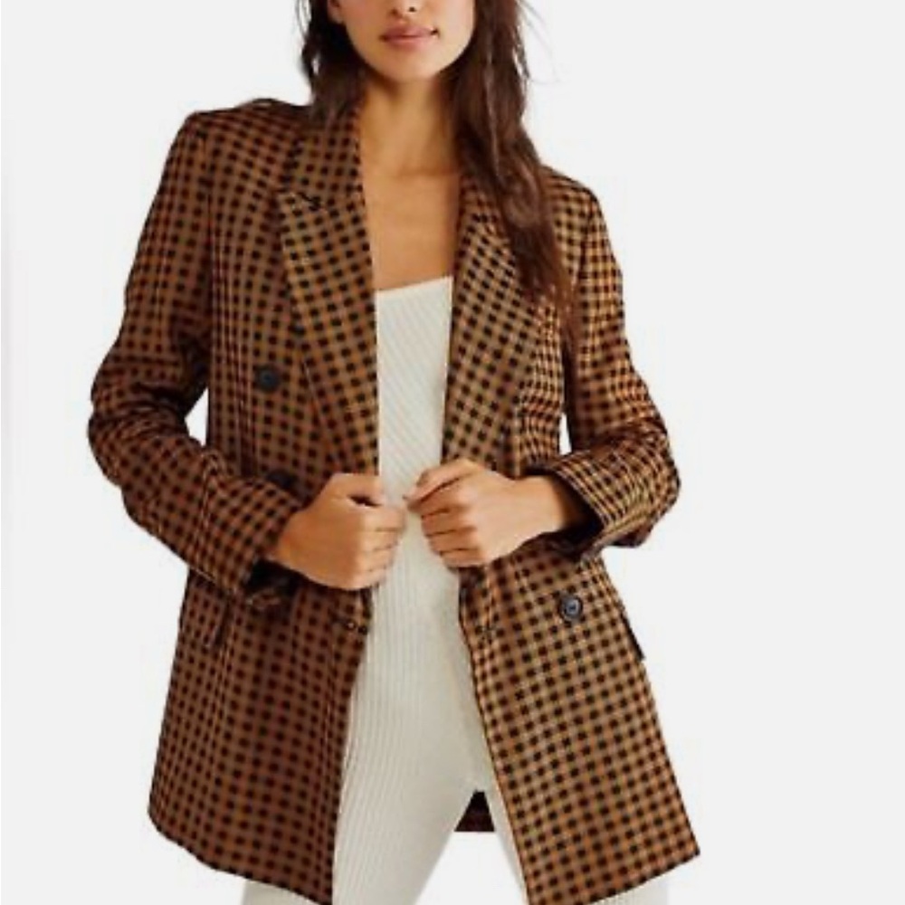 Free People Brown and Black Gingham Double-Breasted Blazer
